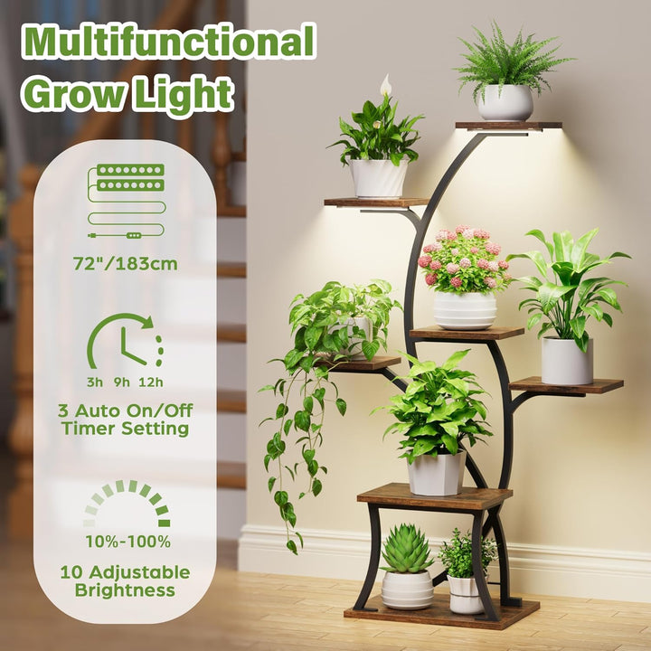 Pflanzenständer mit Wachstumslicht - 7 Ebenen Blumenständer 112cm Metall Holz Pflanzenregal - Innen