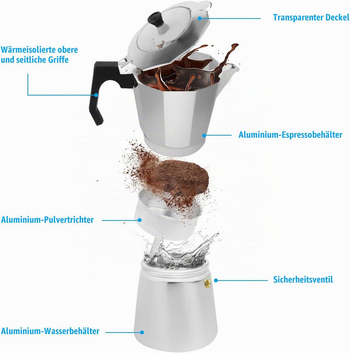 ACTIV CUISINE Espressokocher 9 Tassen aus Aluminium, Espressokanne Espresso Mokka Maker Mokkakanne i