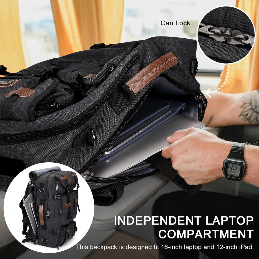 WITZMAN Reiserucksack Herren Gross 40L Canvas Vintage 3 in 1 Rucksack Fit 16 Zoll Laptop Rucksack fü