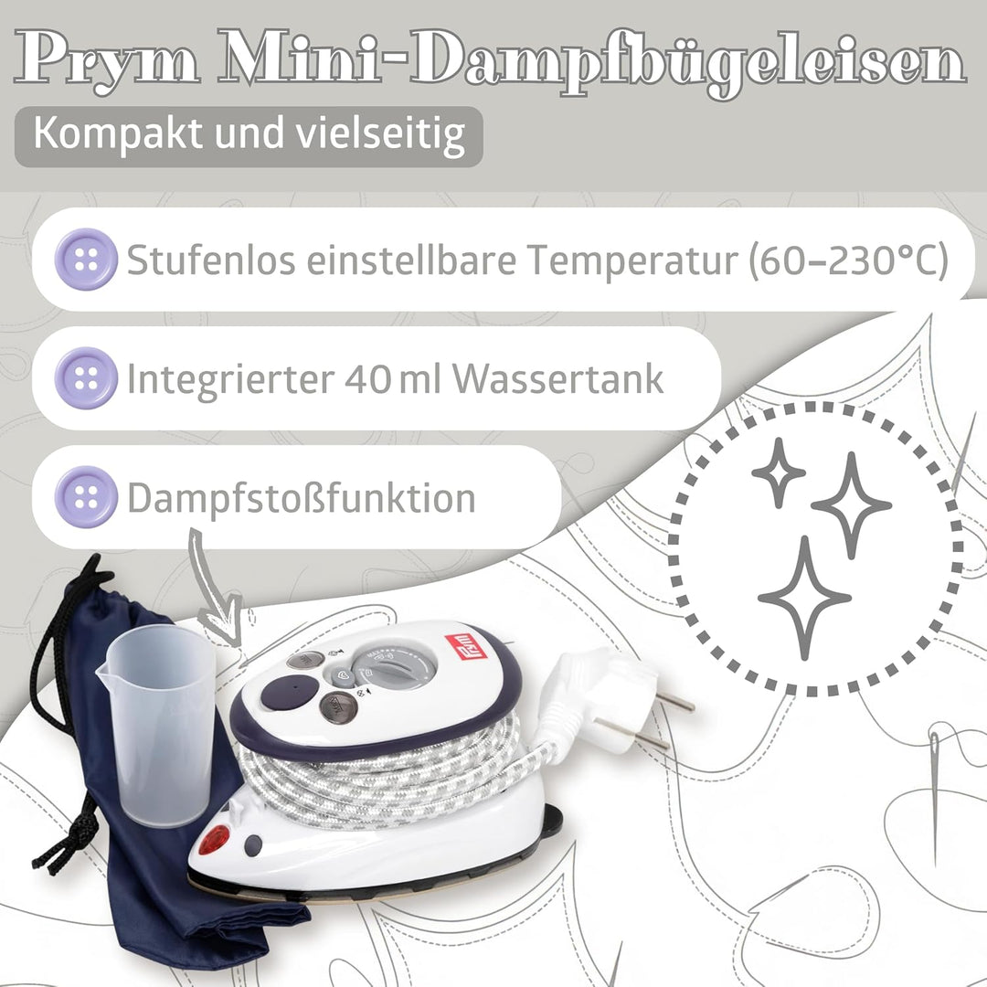 Prym Mini Dampf Bügeleisen Mit SEMPLIX Silikon Ablage (lila) Im Set, Kleines Leichtes Dampf Bügeleis