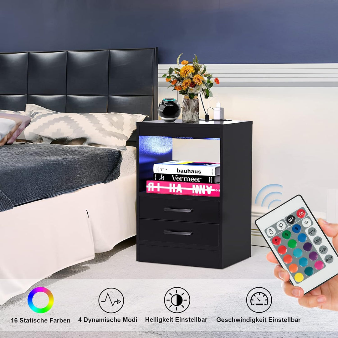 Lvhecforhm Nachttisch, Nachttisch mit Steckdosen und USB-Anschlüsse, Nachttisch mit LED Licht 16Farb