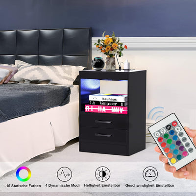 Lvhecforhm 2er Set Nachttisch, mit Steckdosen und USB-Anschlüsse, LED Licht 16Farben Beleuchtung, Sc