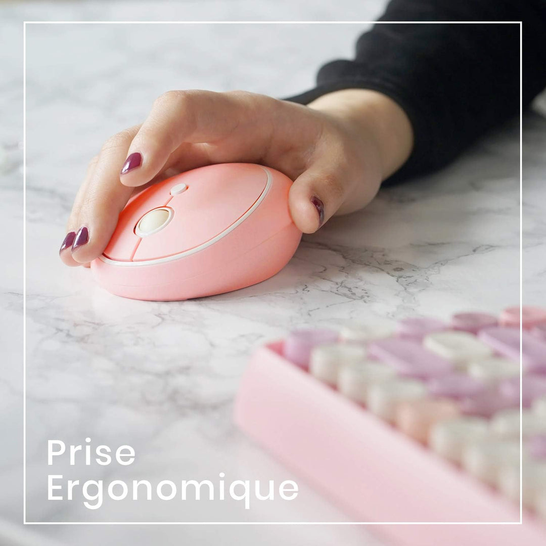 Perixx PERIDUO-713 Mini-Tastatur und Maus, kabellos, 2,4 GHz, Retro-Stil, rund, Pastellrosa, AZERTY