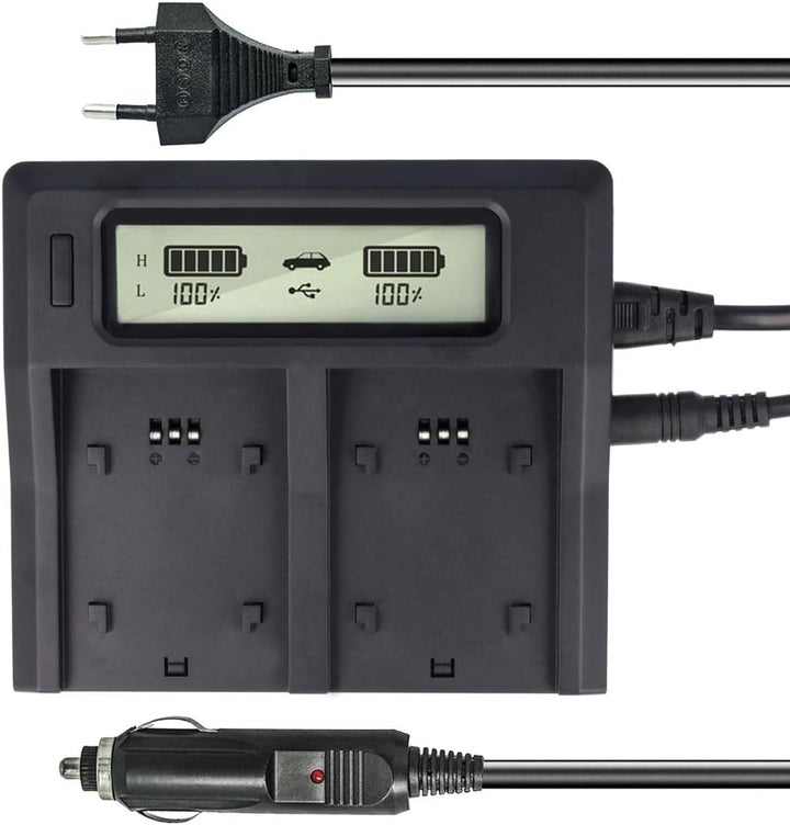 Dual Akku-Ladegerät kompatibel mit Panasonic VW-VBN130, VW-VBN260 - mit USB-Anschluss, LCD-Display u