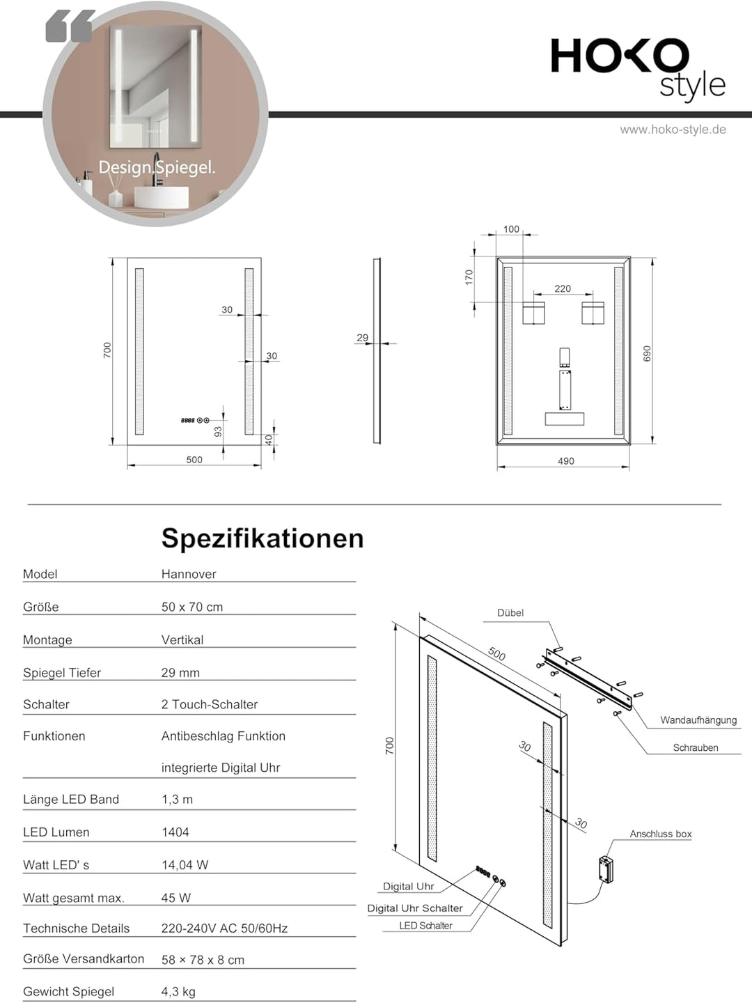 HOKO® LED Badspiegel 50x70 cm. Mit Uhr + ANTIBESCHLAG SPIEGELHEIZUNG. Design Bad Spiegel mit Beleuch