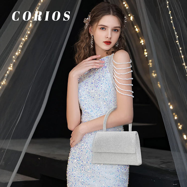 CORIOS Abendtasche Damen Glitzer Henkeltasche Kette Clutch Bag Klein Tasche Hochzeit Brautbörse Glän