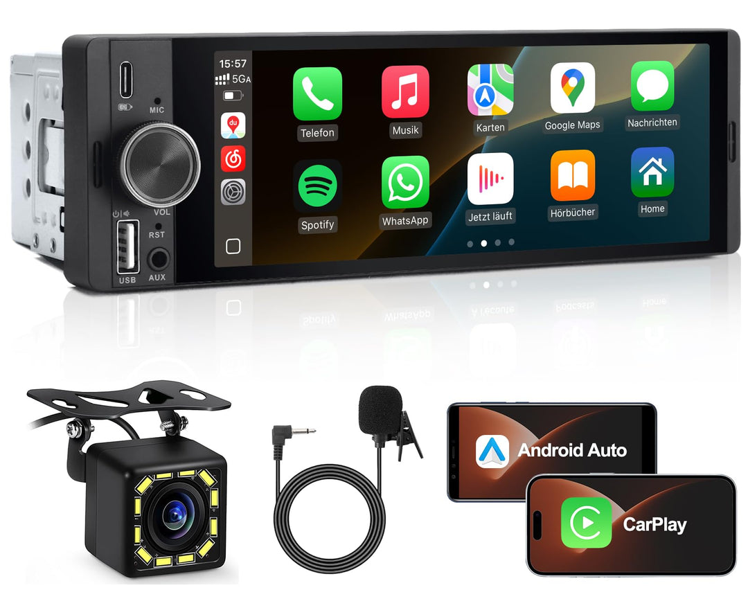 1 DIN Autoradio mit Wireless CarPlay & Android Auto, 6,36 Zoll Auto Radio mit Bildschirm, Rückfahrka