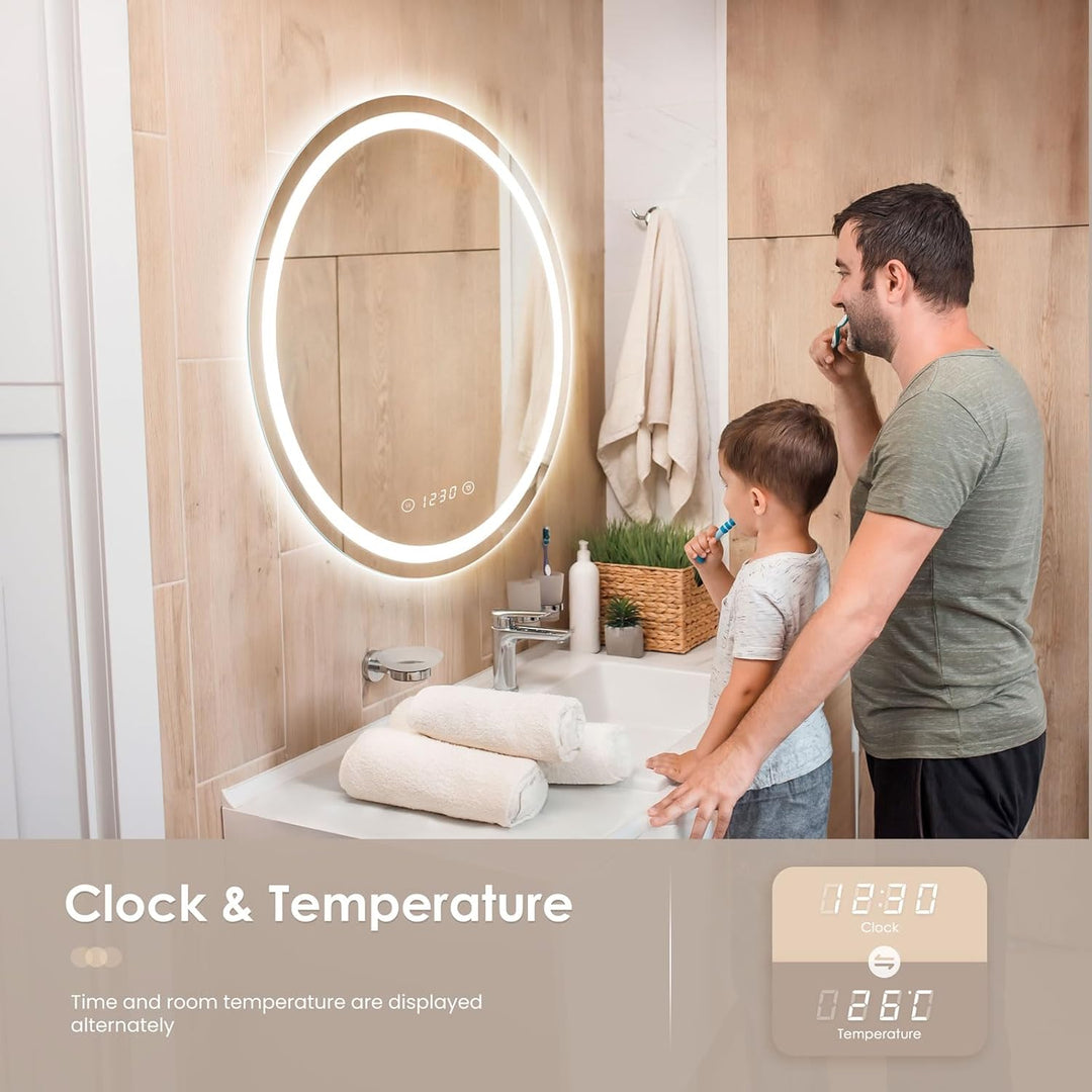 Dripex Badspiegel mit Beleuchtung Rund Led Spiegel mit Uhr und Touch-Schalter, Dimmbar, 3 Lichtfarbe