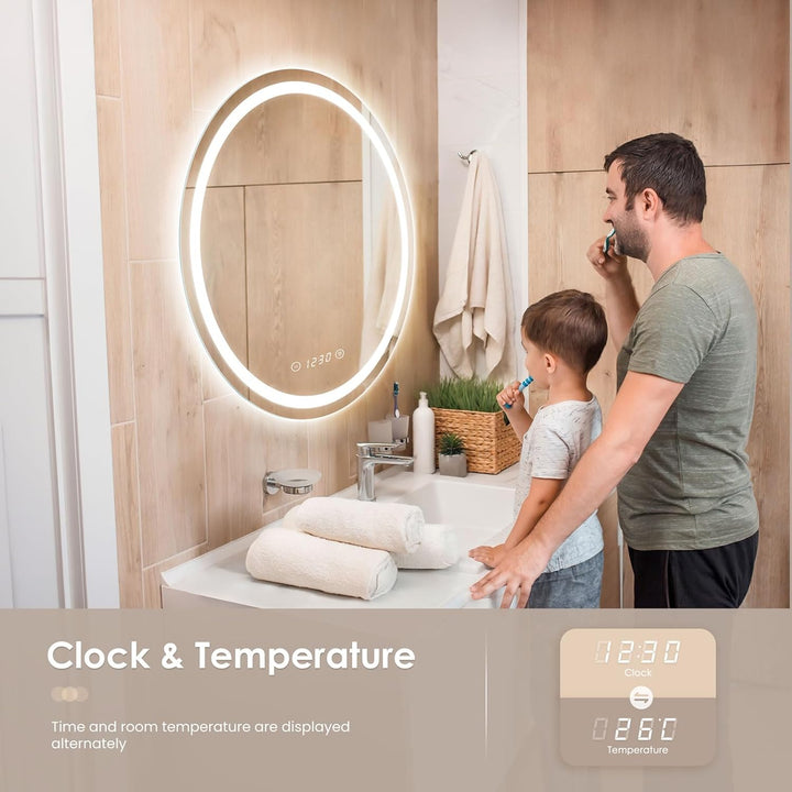Dripex Badspiegel mit Beleuchtung Rund Led Spiegel mit Uhr und Touch-Schalter, Dimmbar, 3 Lichtfarbe