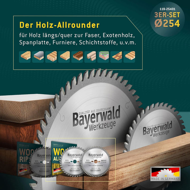 Bayerwald Kreissägeblatt Set Ø254 (3 tlg.) - für Holz Längs &amp; Querschnitte - geeignet für Tischkreis