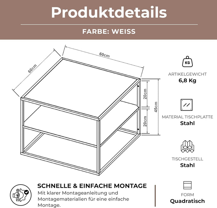 [en.casa] Couchtisch Solund Beistelltisch mit Ablage Metall Weiss matt Wohnzimmertisch mit Stauraum