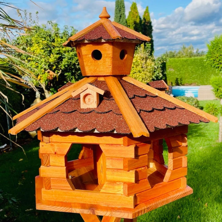 Handgefertigtes Sechseck Vogelhaus aus Holz wetterfest M - XXL mit und ohne Ständer, Futterhaus, Fut