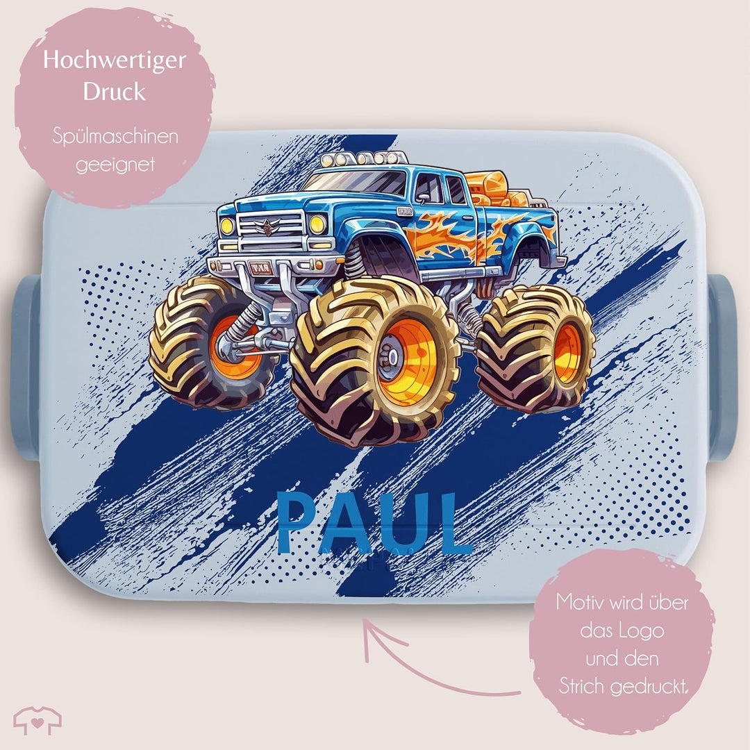 Kinder Bento Box Midi für Mepal Bentobox - Auto - Lunchbox Monstertruck mit Name Brotbox Monster Tru