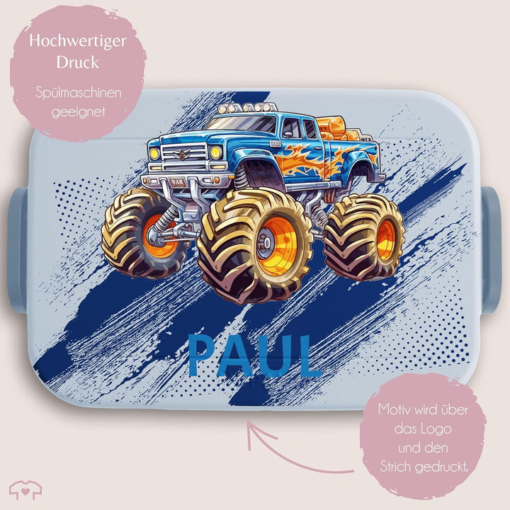 Kinder Bento Box Midi für Mepal Bentobox - Auto - Lunchbox Monstertruck mit Name Brotbox Monster Tru