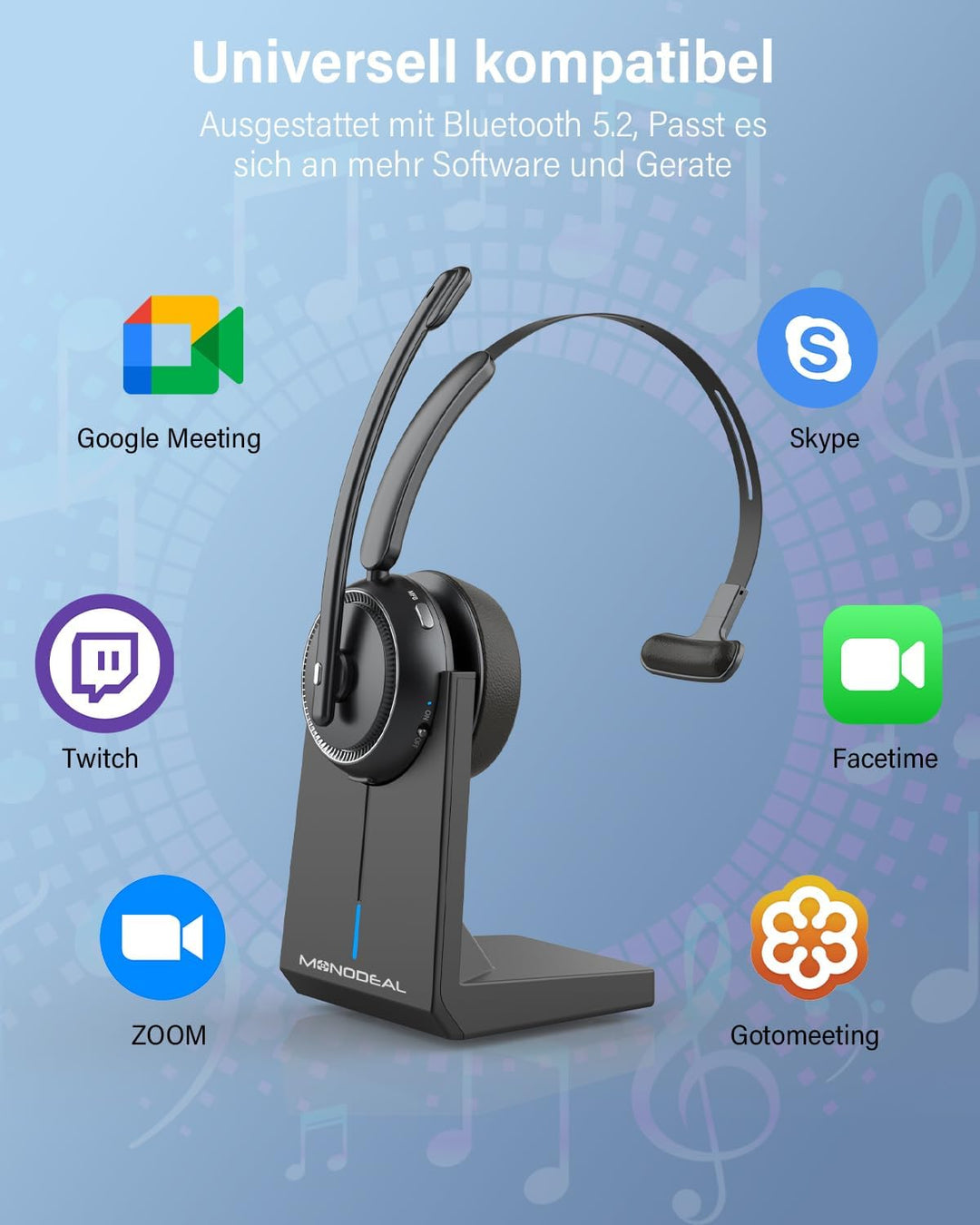 MONODEAL Bluetooth Headset mit Mikrofon, Wireless Headset mit Stummschalttaste, 65 Stunden Anrufe, H