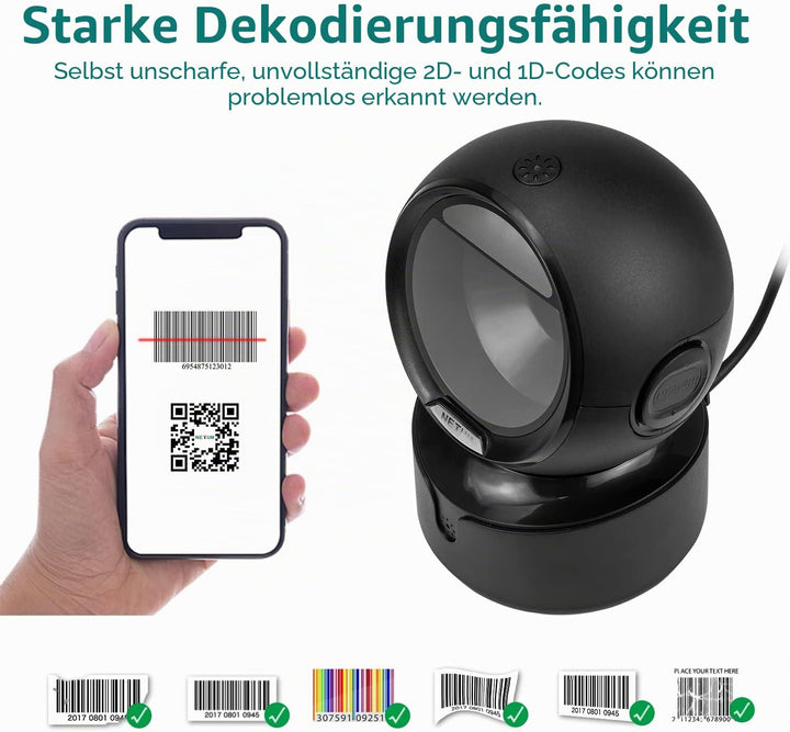 NetumScan omnidirektionaler Desktop Barcode Scanner, freihändiger kabelgebundener USB-QR-Barcode-Les