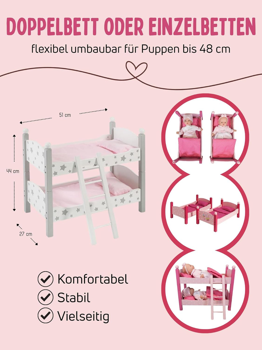 Bayer Chic 2000® Puppenbett Doppelstockbett – Stars Grau– Puppenhochbett mit Leiter & Bettwäsche – P