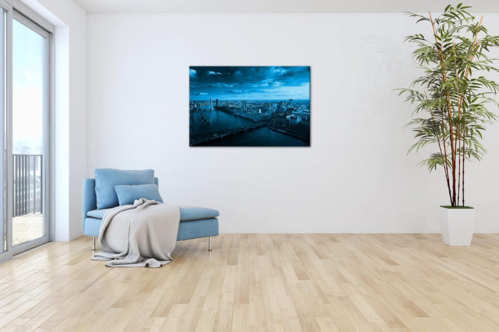 deyoli endlose Themse Fluss in London Format 80x60 Effekt: Monocrome Blau als Leinwandbild, Motiv fe