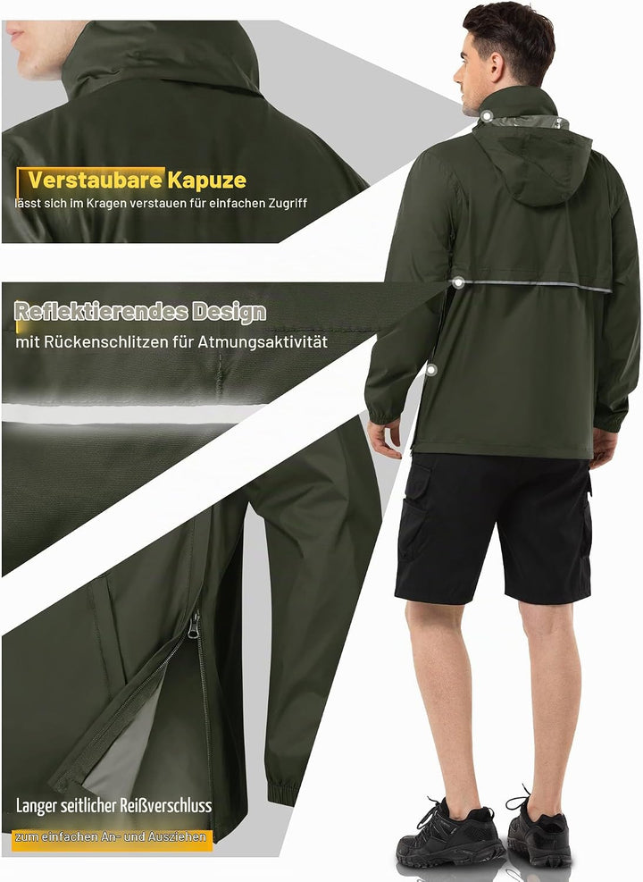 Outdoor Ventures Herren Regenjacke Wasserdichter Pullover mit Kapuze Packbare Reflektierende Jacke L