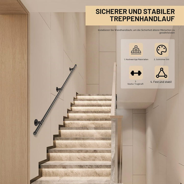 Handlauf für Treppen, Aomdom Handlauf Treppengeländer Innen und Aussen, Handlauf Schwarz mit Rutschf