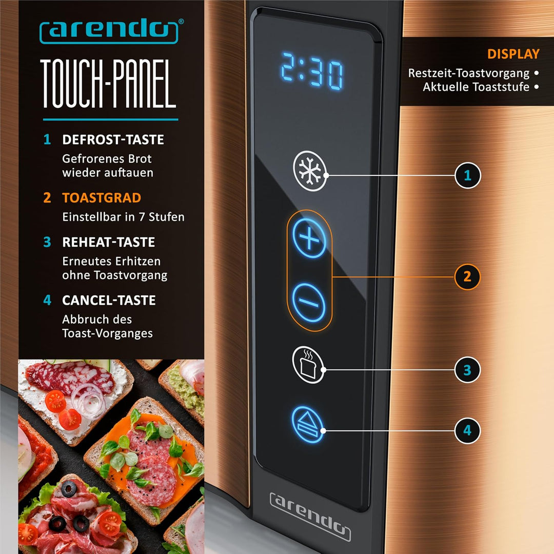 Arendo - Edelstahl Toaster Langschlitz 4 Scheiben- Touchscreen – Doppelwandgehäuse – Integrierter Br