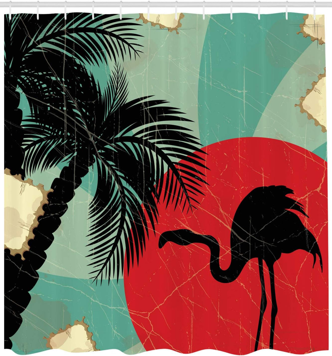 ABAKUHAUS Tropisch Duschvorhang, Grunge Flamingo Palm, Stoffliches Gewebe Badezimmerdekorationsset m