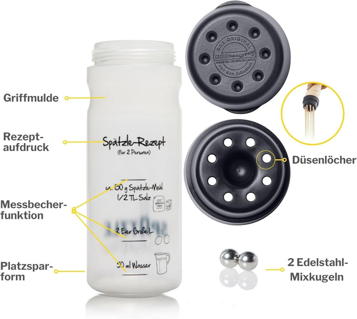 EINSTEIGER-SET für VEREINFACHTES SPÄTZLE MACHEN mit dem patentierten Spätzle-Shaker (675 ml) in SCHW