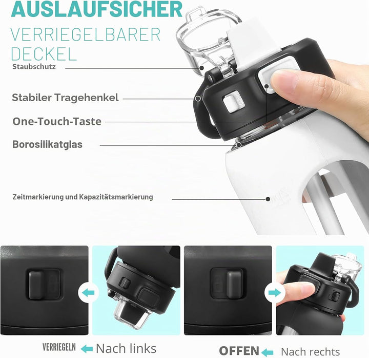 BLUEGO 700ml Trinkflasche Glas mit Strohhalm und Griff Auslaufsichere Wasserflasche mit Silikonhülle