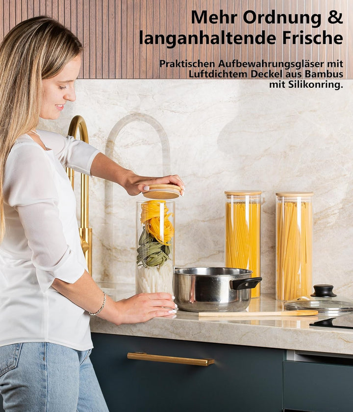 Deco haus® Spaghetti Aufbewahrung 3er Set - Vorratsgläser mit Deckel + Etiketten [LUFTDICHT] - Für M