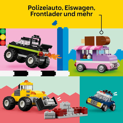 LEGO Classic Kreative Fahrzeuge, Bausteine-Set für Bunte Modellautos inkl. LKW, Polizeiauto und Bauf