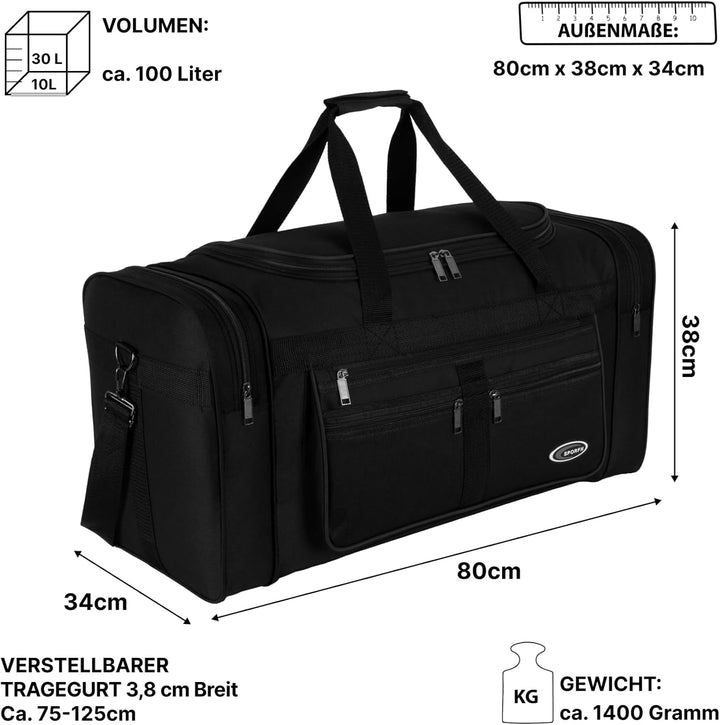 Sporttasche, Reisetasche und Fitnesstasche für Damen und Herren- Tainingstasche, Gym Bag (Schwarz, L
