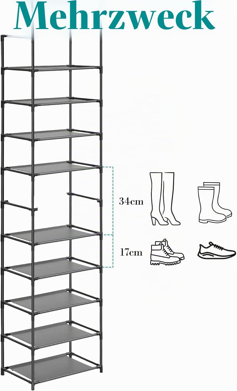edihome, Schuhregal, 10 Ebenen, (28 x 45 x 173 cm), Schuhschrank Schmal, Schmale und hohe Schuhregal