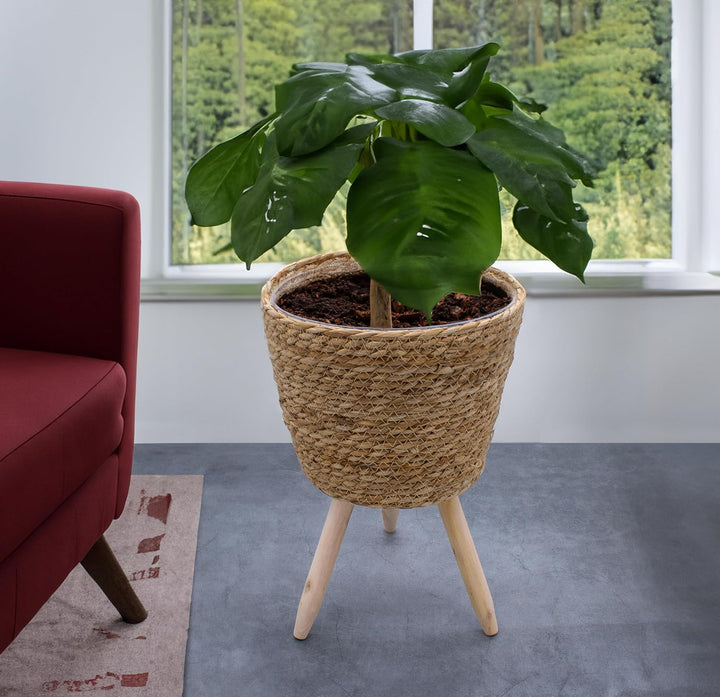 Spetebo Blumenständer aus Stroh innen mit Folie - 35 x 23 cm - Rattan Pflanzenständer mit 3 Holz Bei