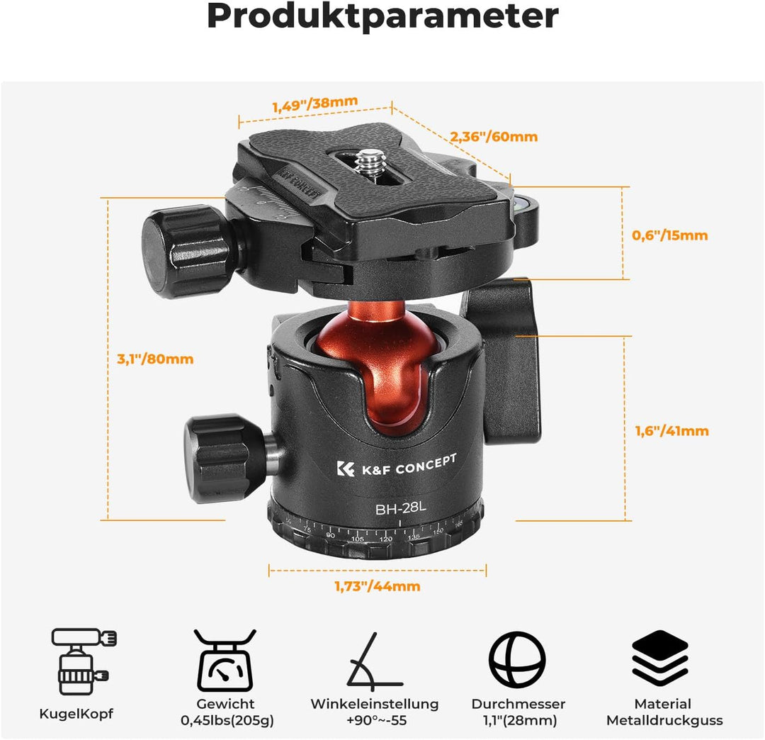 K&F Concept Kugelkopf Stativkopf, Kamera Kugelkopf mit 1/4 Zoll Schnellwechselplatte und Wasserwaage