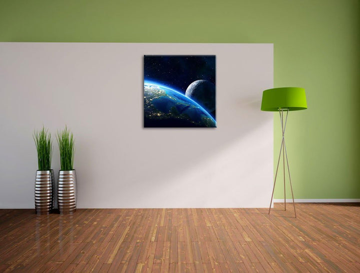 Pixxprint Erde und Ihr Mond aus dem All als Leinwandbild/Grösse: 70x70 cm/Wandbild/Kunstdruck/fertig
