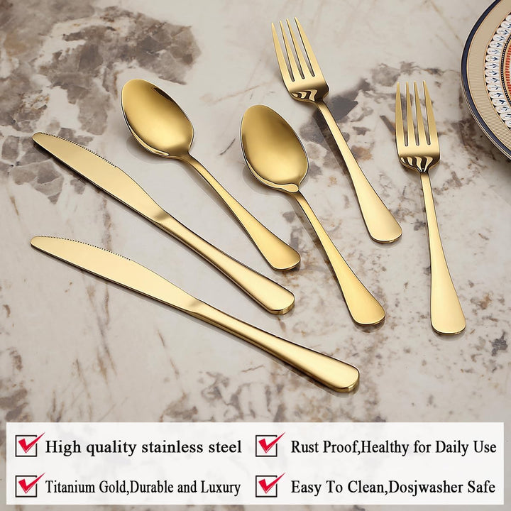 Gold Besteck Set 36 Teile Service für 12, Edelstahl Messer Löffel Gabeln Set für Hochzeit, Partys, A