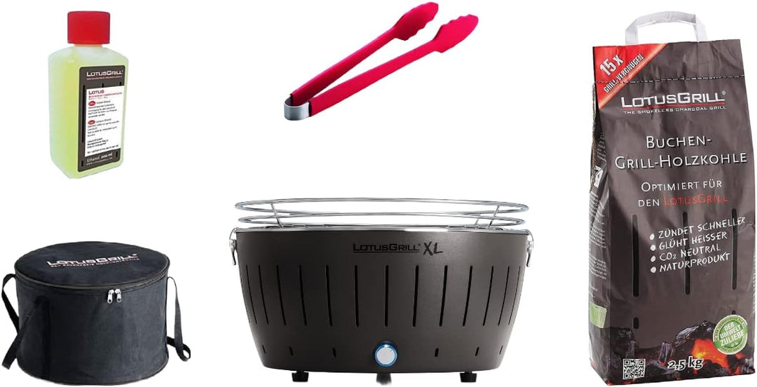 LotusGrill XL Starter-Set 1x XL Grill Anthrazitgrau mit USB-Anschluss, 1x Buchenholzkohle 2,5 kg, 1x