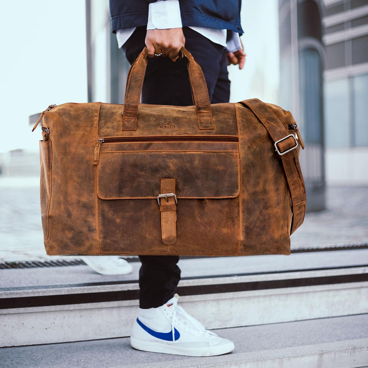 ALMADIH Leder Reisetasche Aiko + Kulturtasche Pietro BV - Weekender Handgepäck Freizeit Gym Fitness