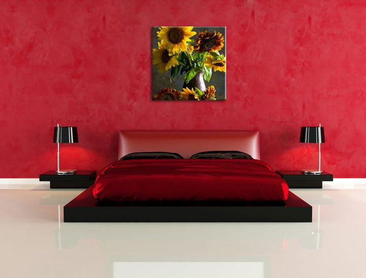 Sonnenblumen in edler Vase, Format: 70x70 auf Leinwand, XXL riesige Bilder fertig gerahmt mit Keilra