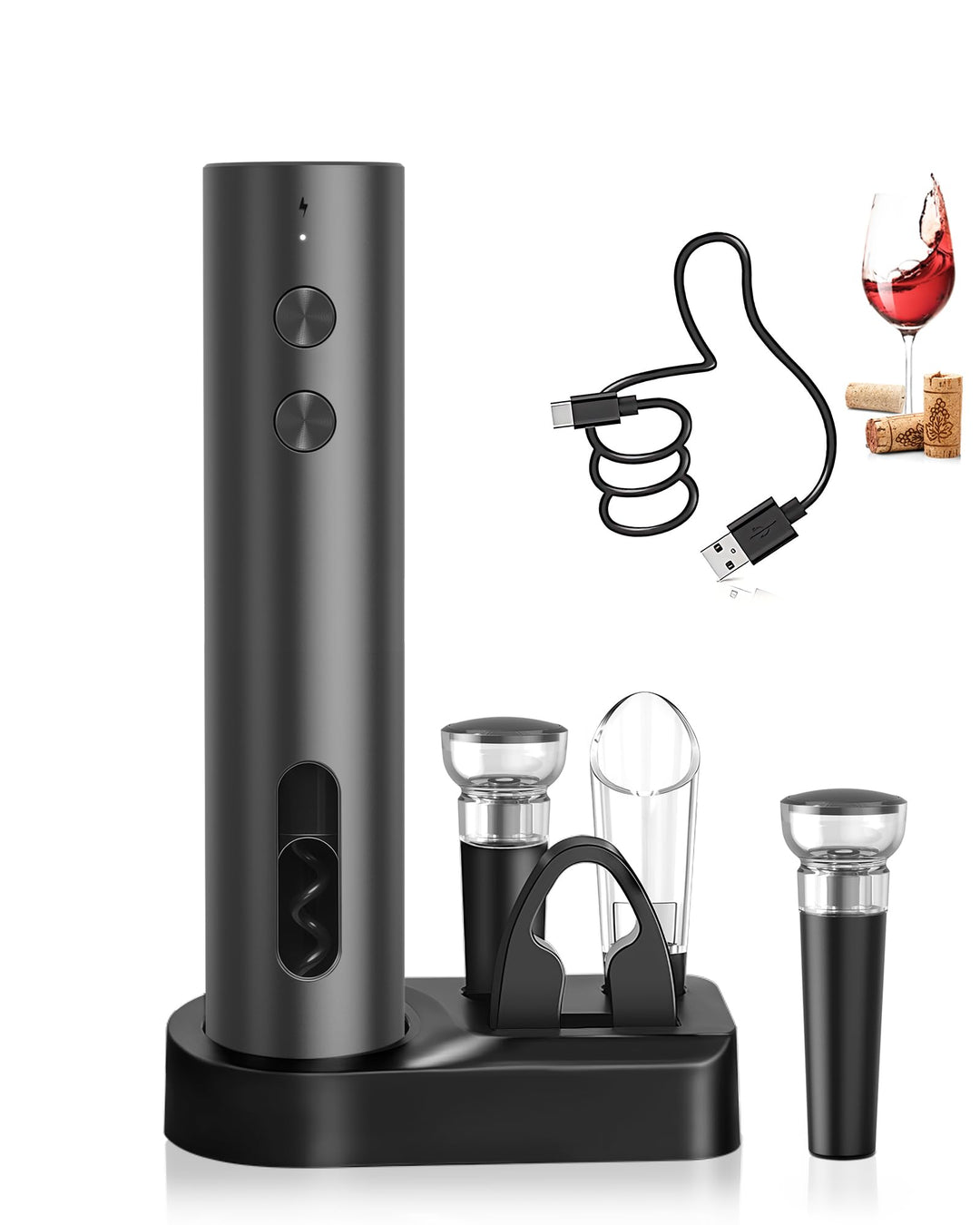 Elektrischer Weinöffner Rechargeable Set mit Standfuss – Elektrischer Korkenzieher USB-C mit Vakuum-