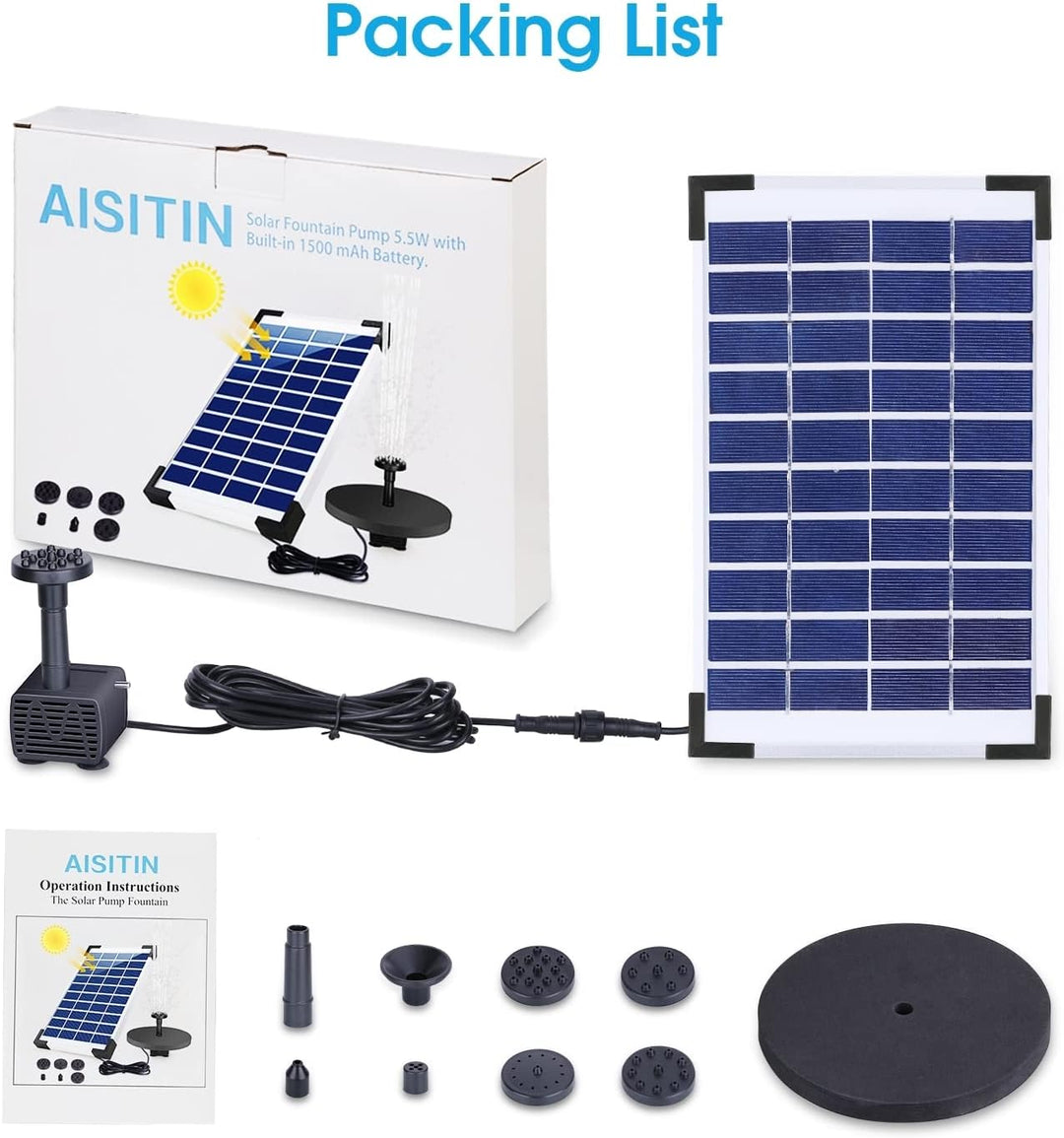 AISITIN Solar Springbrunnen 5.5W Solar Teichpumpe mit Solar Panel Eingebaute 1500mAh Batterie Wasser