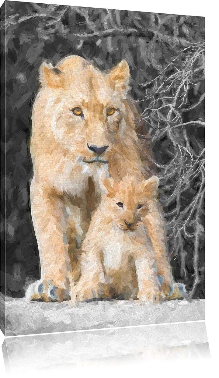 schöne Löwin mit süssem Jungtier schwarz/weiss Deluxe Format: 100x70 cm auf Leinwand, XXL riesige Bi