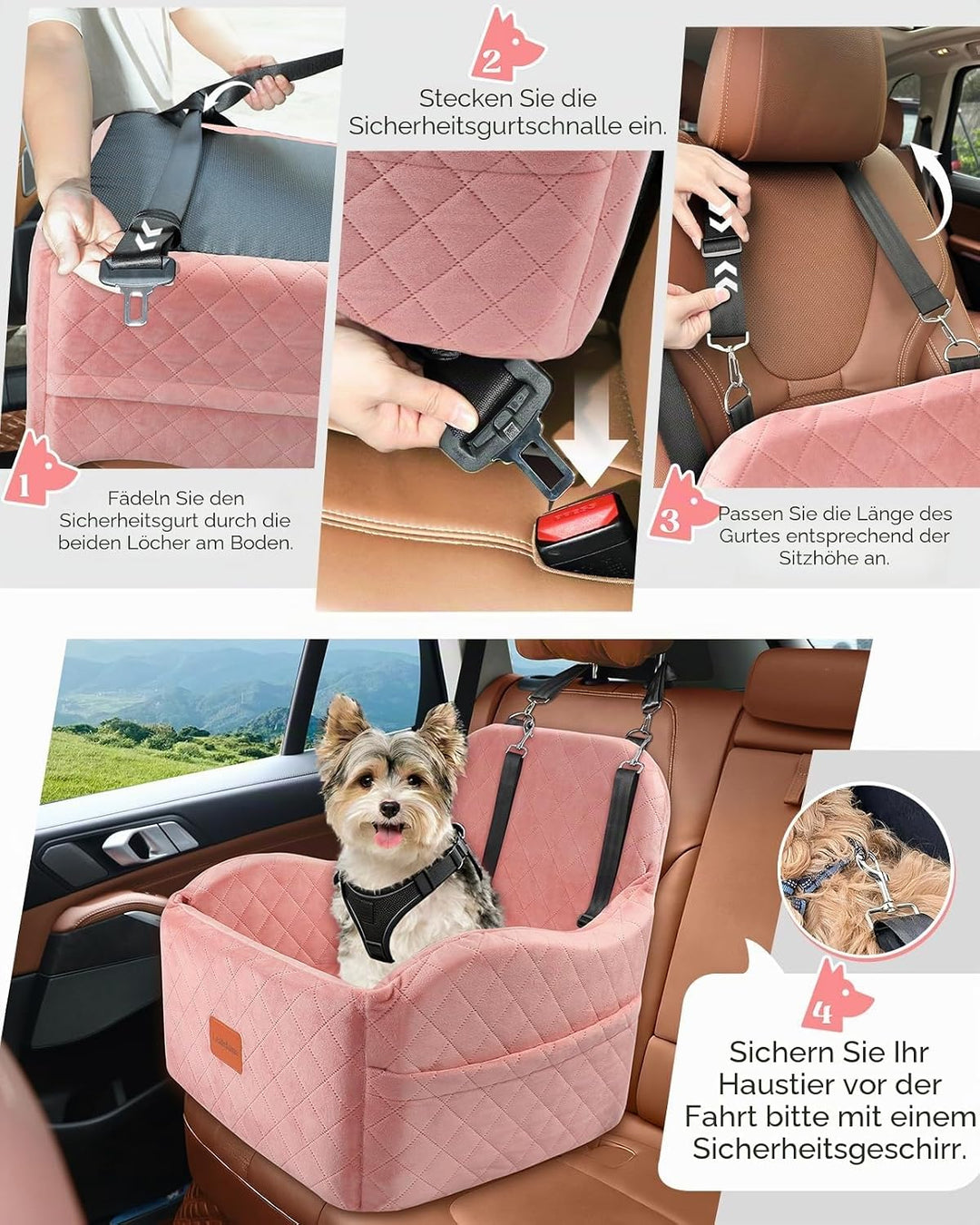 Hunde-Autositz für kleine/mittelgrosse Hunde, tragbarer Welpensitz mit erhöhtem Kissen, vollständig