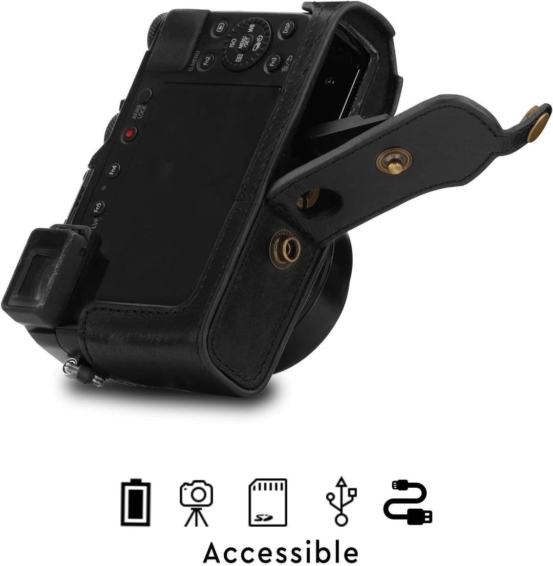 MegaGear MG1565 Panasonic Lumix DC-LX100 II Ever Ready Echtleder Kamera-Case mit Trageriemen - Schwa