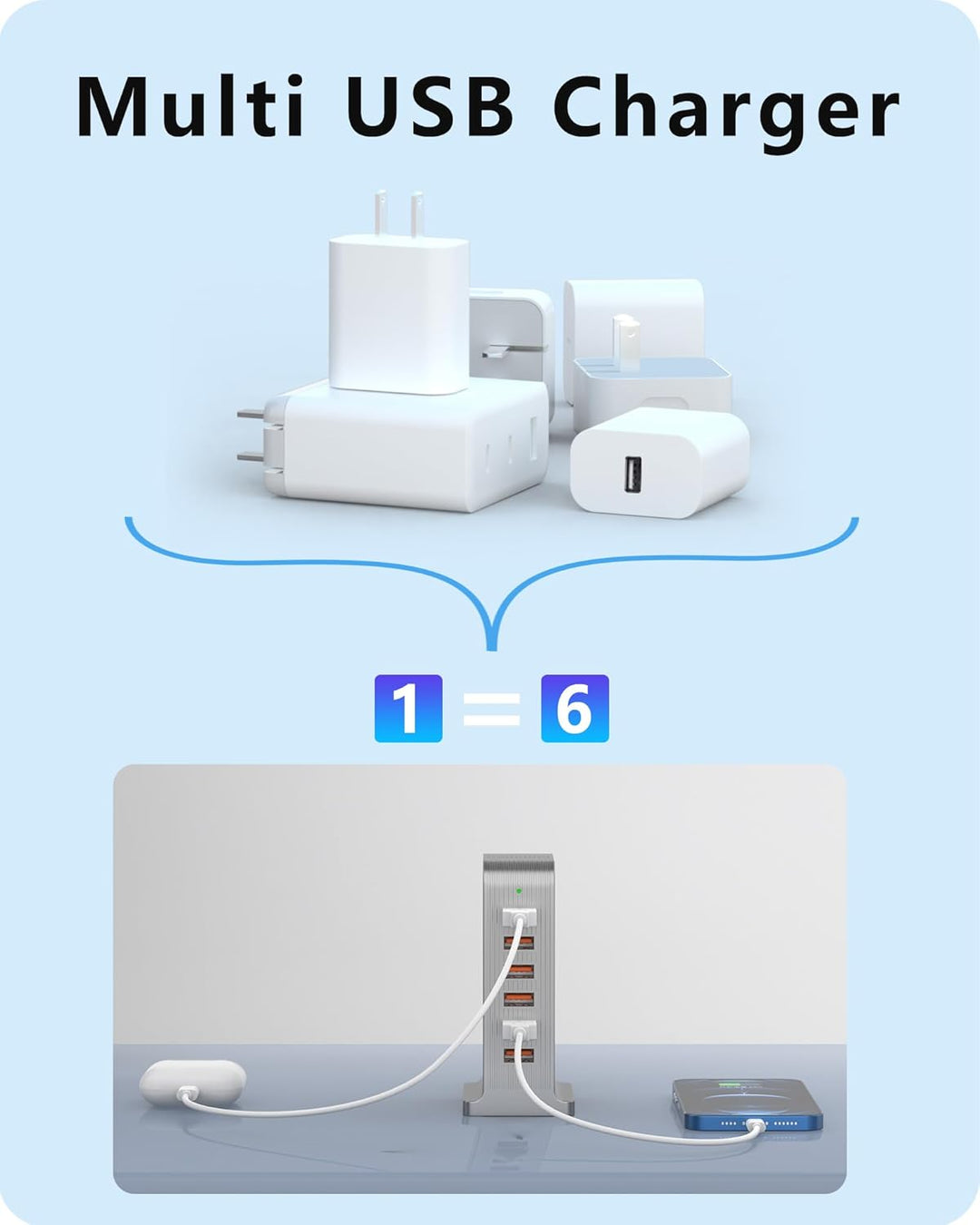 50W USB Ladegerät Mehrfach 6 Port USB Netzteile Handy Ladestation Steckdose für iPhone 15/14/13/12 P