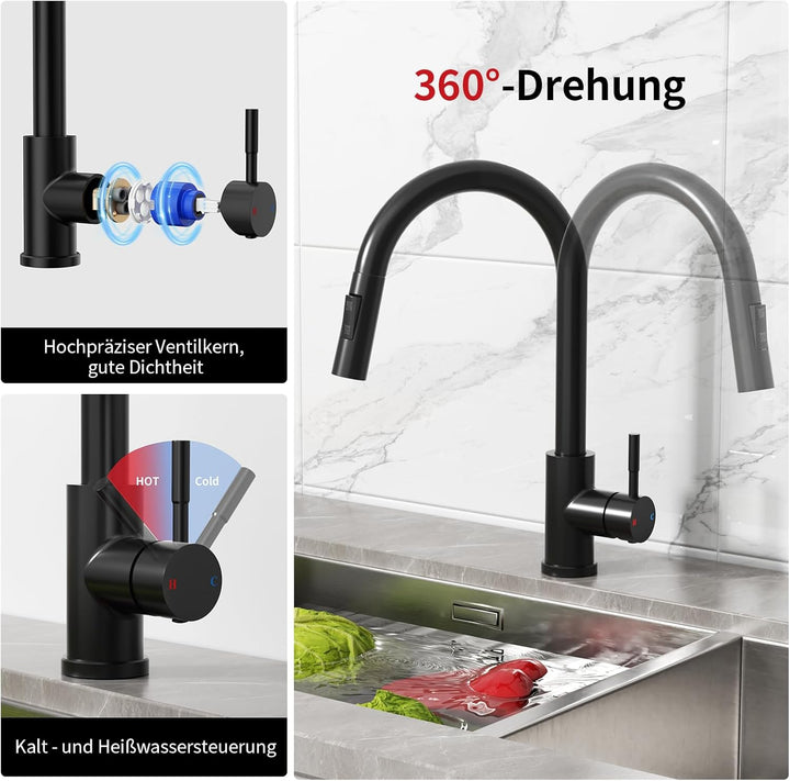 Rainsworth Schwarz Wasserhahn Küche mit Brause Ausziehbar - Hochdruck Küchenarmatur mit Zwei Wassers