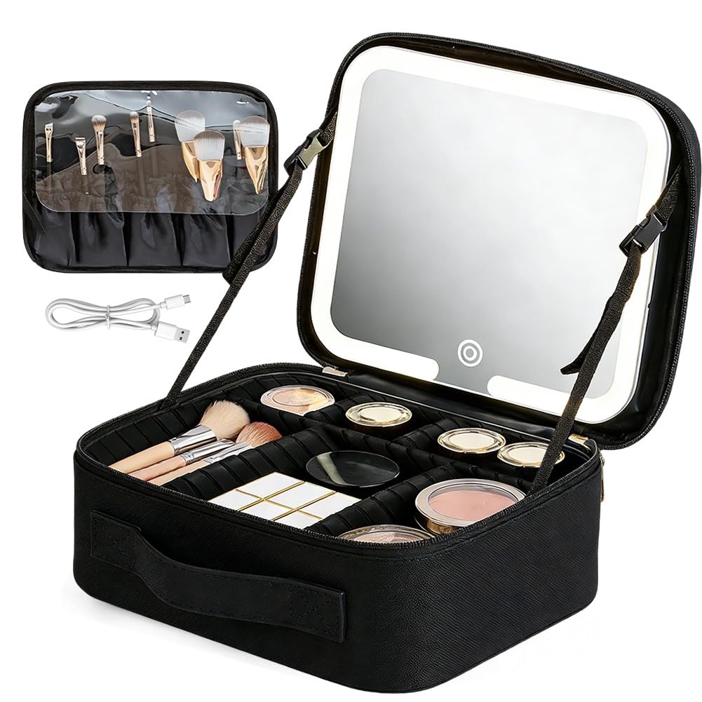 Kosmetiktasche mit LED - Beleuchtung Licht,7 Staufächer Reise-Kosmetikkoffer,3-in-1 Kosmetikkoffer T