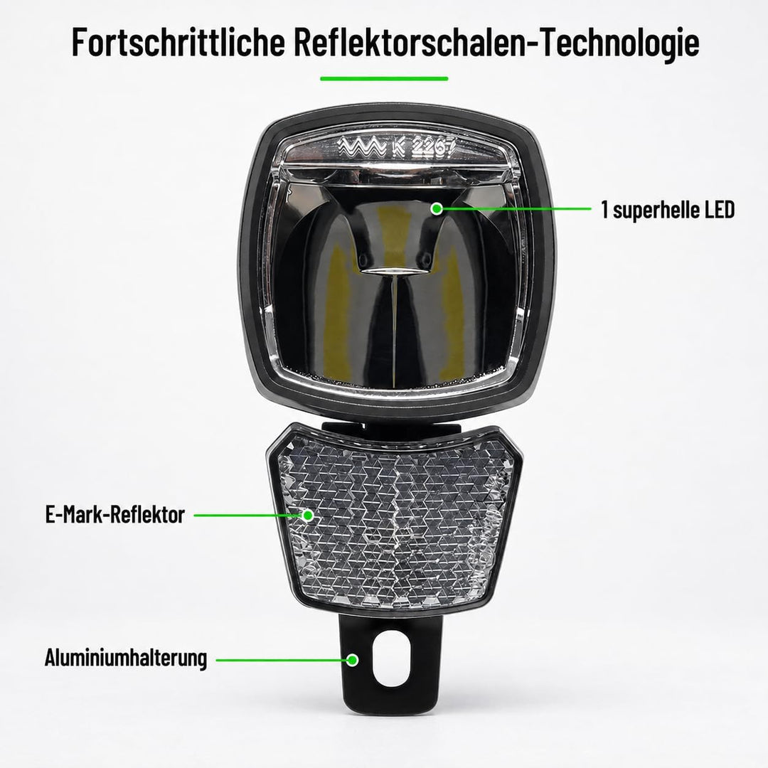 Dynamo Frontlicht 80 Lux Hammer M80 – Fahrradlampe mit Helligkeitssensor, Standlicht, StVZO &amp; ECE zu