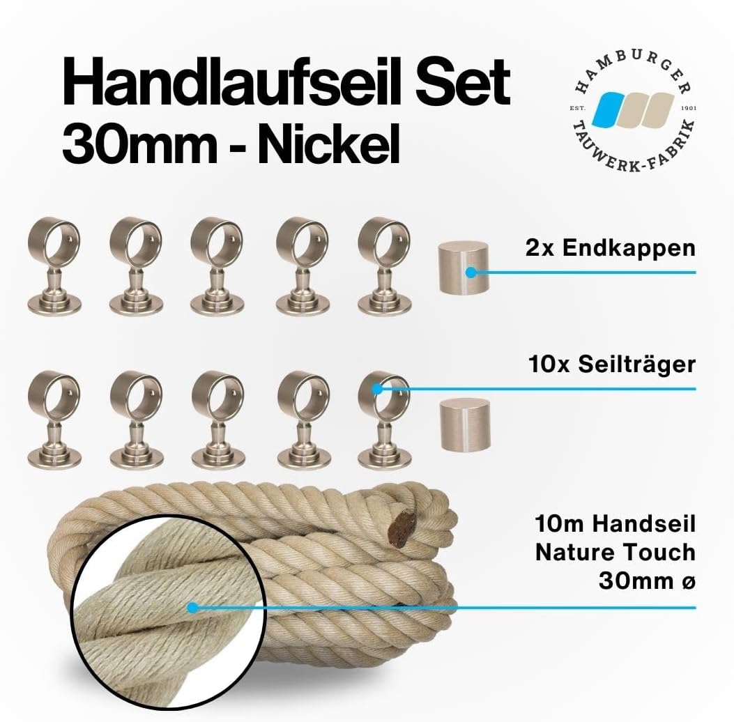 Handlaufseil Set 30mm - bestehend aus 2 Endkappen 10 Seilträger vernickelt und 10m "Nature Touch" Ha