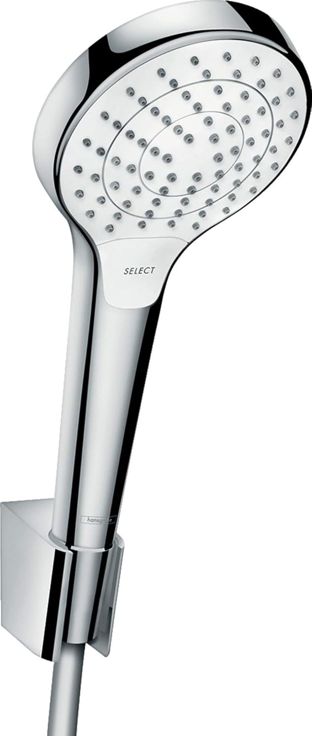 hansgrohe Croma Select S Duschkopf inkl. Duschkopfhalterung, 3 Strahlarten, Weiss/Chrom Set mit Brau